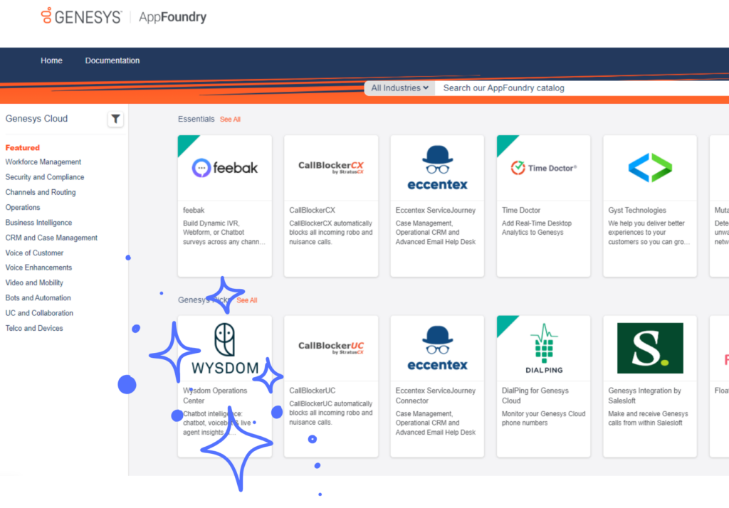 Screenshot of Wysdom Operations Center listed as a featured solution on the Genesys AppFoundry