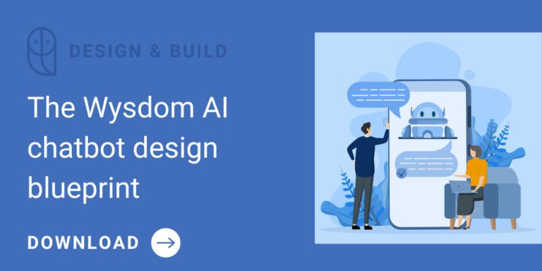 Two chatbot owners working on their chatbot with text: The Wysdom AI Chatbot Design Blueprint