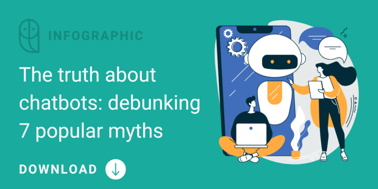 Two people working on their chatbot. Text: The truth about chatbots - debunking 7 popular myths infographic.