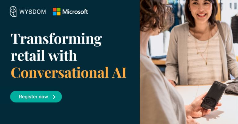 Copy: Transforming retail with Conversational AI webinar. Female employee holding phone as female consumer stands on other side of a retail clothing store checkout counter. Item to be purchased is on the counter.